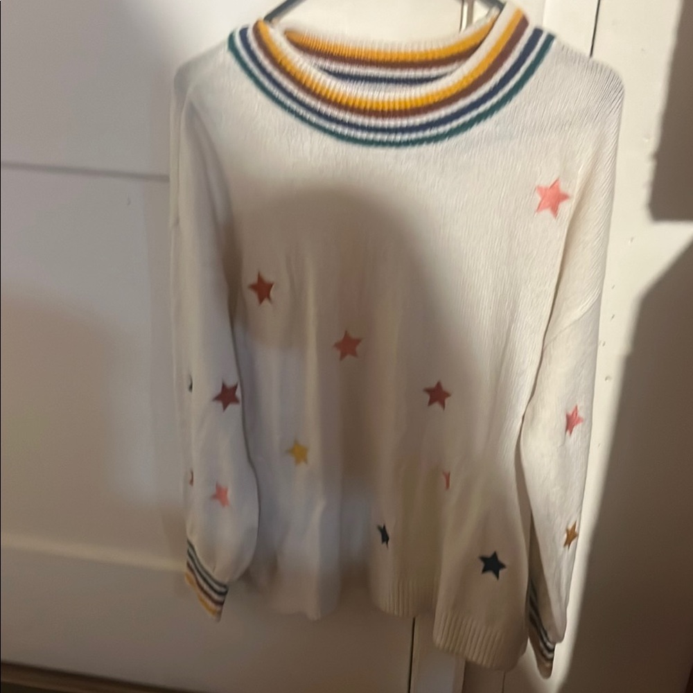 Maurices White and Red Crew Neck Sweater with Sporty Striped Collar